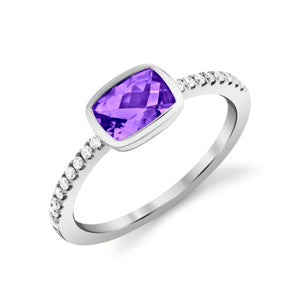 Amethyst Bezel Ring w/ Diamond Accents - White Gold