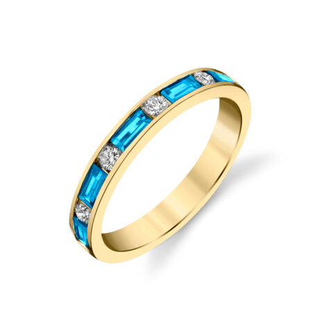 Blue Topaz and Diamond Channel Set Band - Yellow Gold